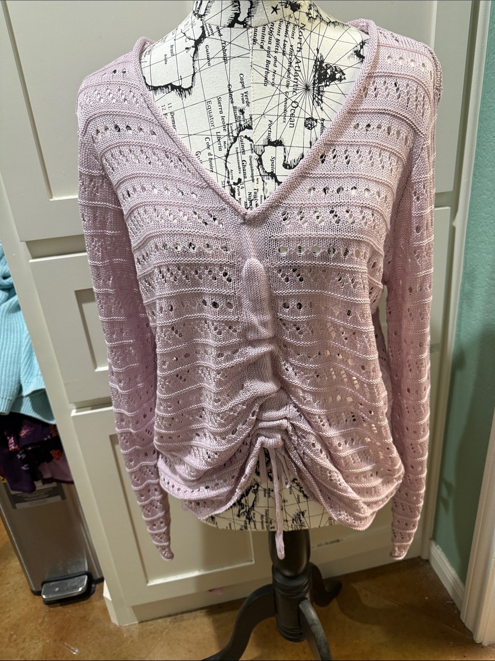 Maurices Light Pink Eyelet V-Neck Ruched Knit Sweater